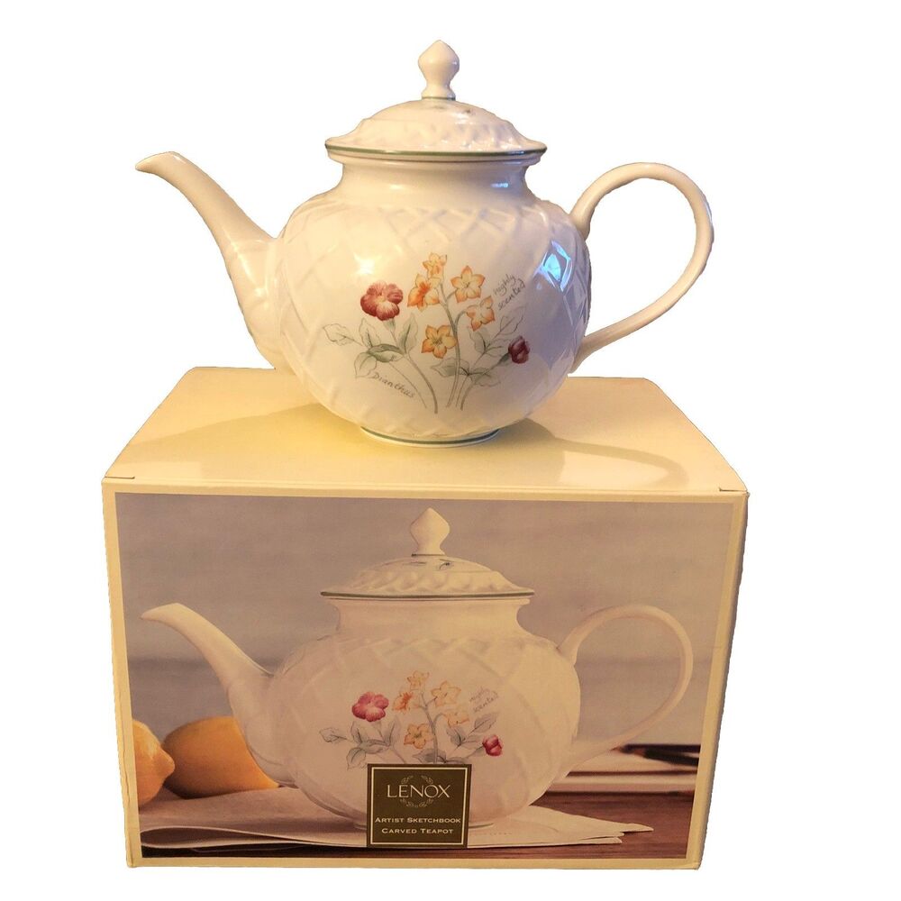 Lenox Porcelain / DIANTHUS / Artist Sketchbook / Floral Carved TEAPOT / In Box